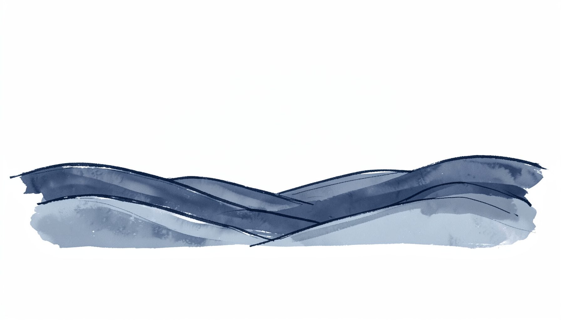 A wide horizontal hand-drawn ink illustration in muted steel blue and deep navy tones, depicting an abstract flowing landscape of gentle rolling hills and open sky, calm and airy in mood