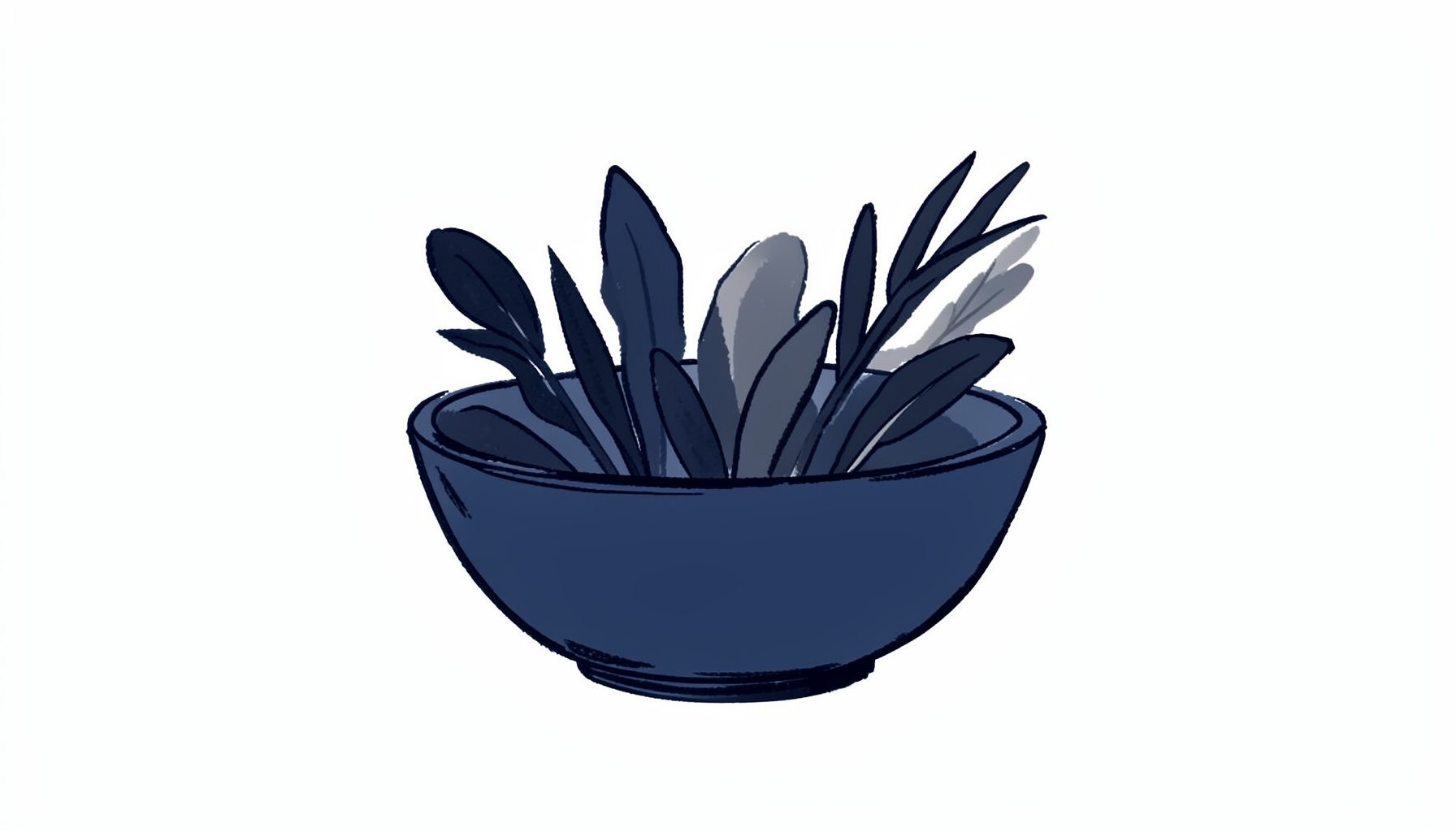 Hand-drawn ink illustration in deep navy and soft gray, depicting a simple bowl with fresh abstract botanical shapes, evoking nourishment and balance