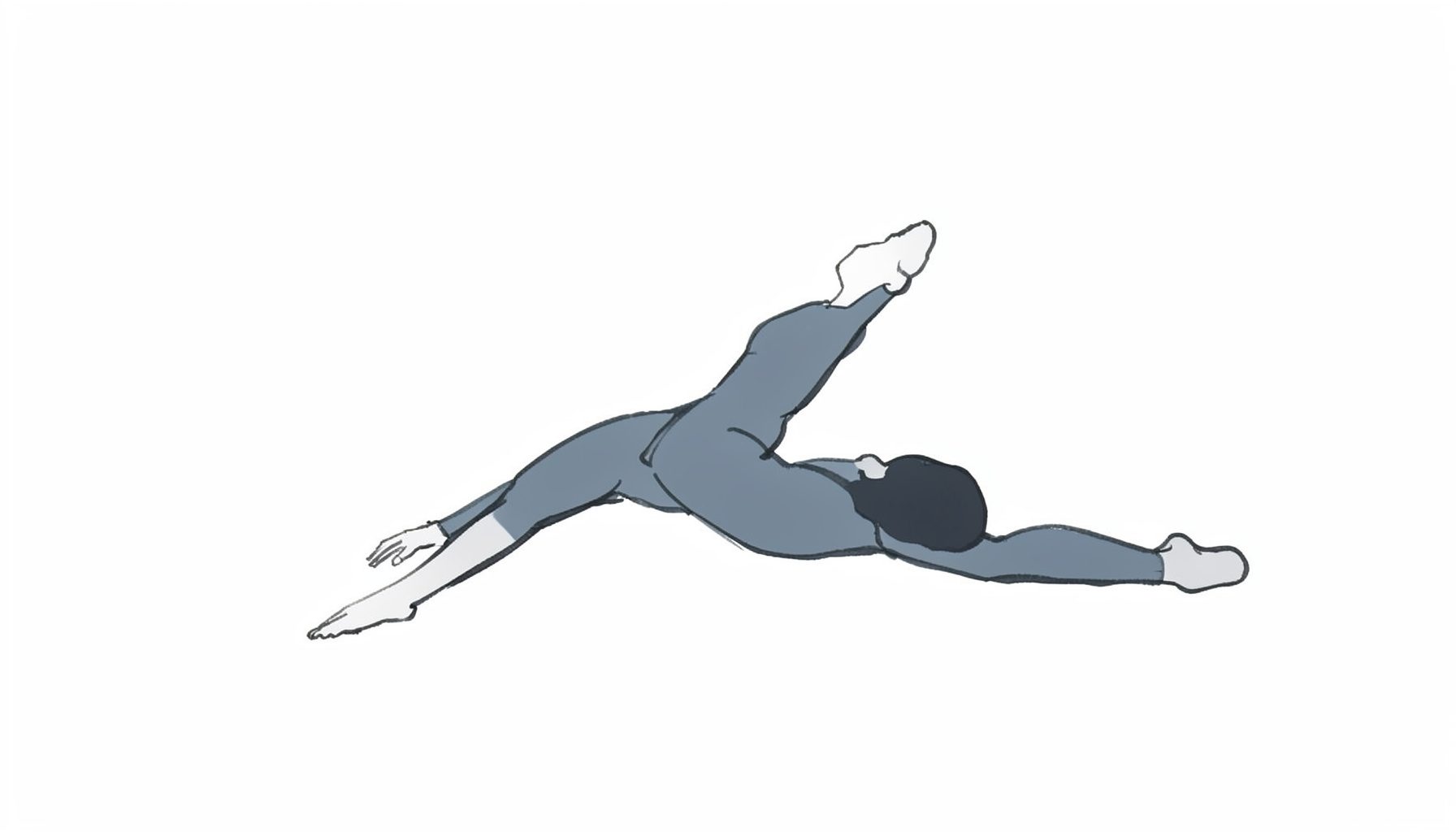 Hand-drawn ink illustration in muted steel blue and charcoal gray, showing a simple abstract figure in a calm stretching pose, minimal and serene