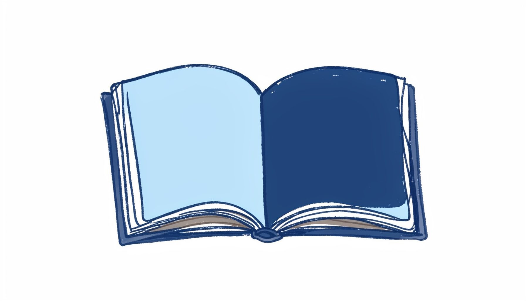 Hand-drawn ink illustration in steel blue and warm gray, showing an abstract open journal or notebook with gentle curved lines, suggesting reflection and mindfulness